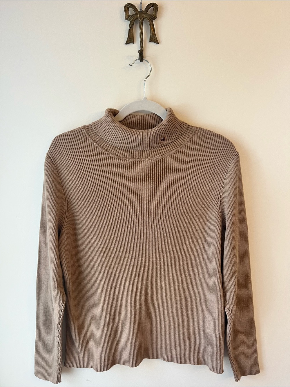 Vintage Lauren Ralph Lauren Ribbed Turtleneck Sweater 100% Cotton Tan Logo 1X